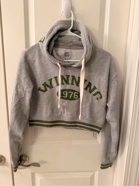BDG Heather Gray Cropped Hoodie with Olive Green Varsity Graphic